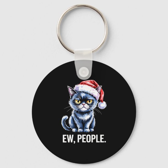 Ew People Black Cat Christmas Funny Introvert Holi Keychain (Front)