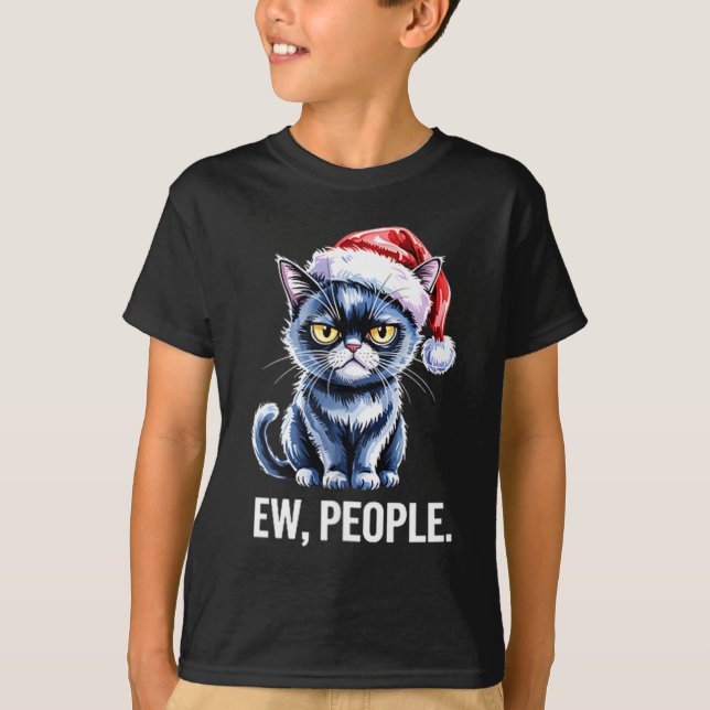 Ew People Black Cat Christmas Funny Introvert Holi T-Shirt (Front)