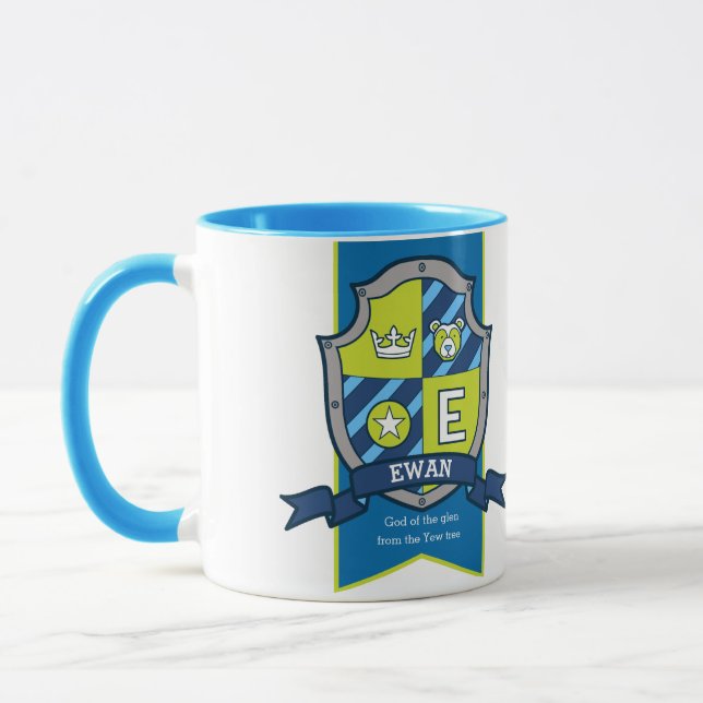 Ewan letter E crest blue green name meaning mug (Left)