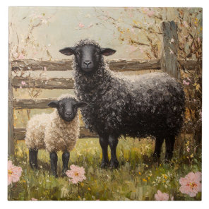 Ewe and Lamb Spring Sheep Art Ceramic Tile