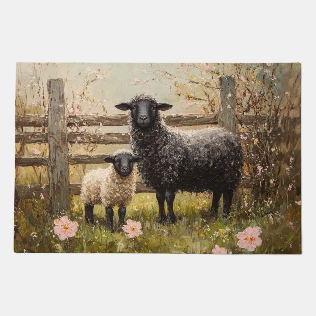 Ewe and Lamb Spring Sheep Art Doormat (Front)