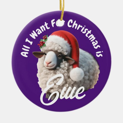 Ewe Wearing Santa Hat Purple Christmas Ceramic Ornament