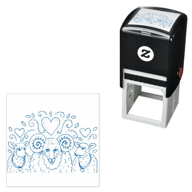EWES SHEEP AND RAM, COUNTRY FAMILY TREE, FOLK ART SELF-INKING STAMP (In Situ)