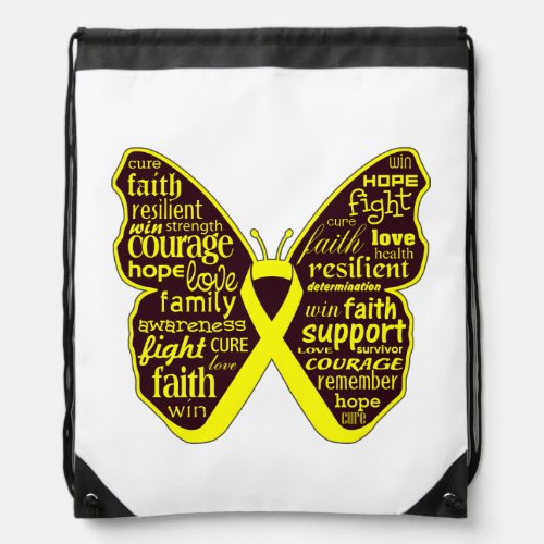 Ewing Sarcoma Butterfly Collage of Words Drawstring Bag