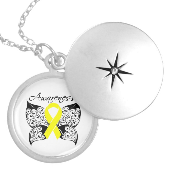 Ewing Sarcoma Butterfly Ribbon Silver Plated Necklace (Front)