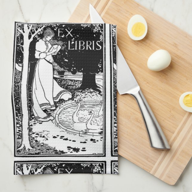 Ex Libris Art Nouveau Woman Reading Kitchen Towel (Quarter Fold)