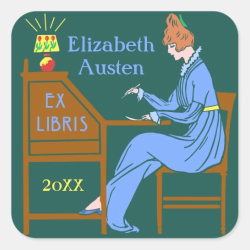 Ex Libris Bookplate Deco Lady Writing Desk Custom
