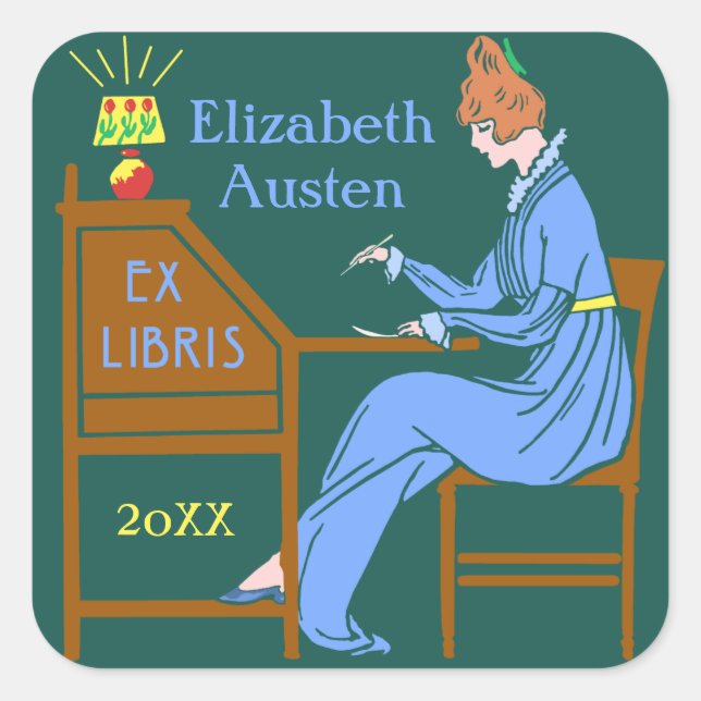 Ex Libris Bookplate Deco Lady Writing Desk Custom (Front)