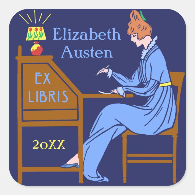 Ex Libris Bookplate Deco Lady Writing Desk Custom (Front)