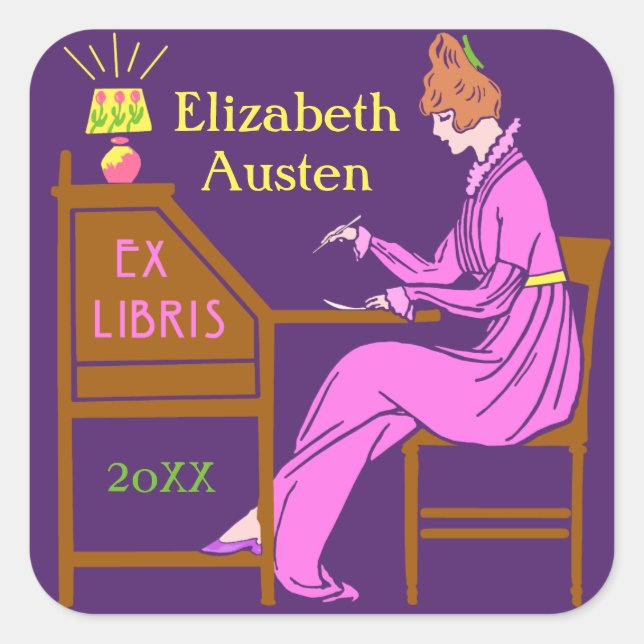 Ex Libris Bookplate Deco Lady Writing Desk Custom (Front)