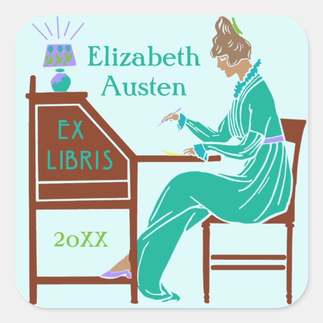 Ex Libris Bookplate Deco Lady Writing Desk Custom (Front)