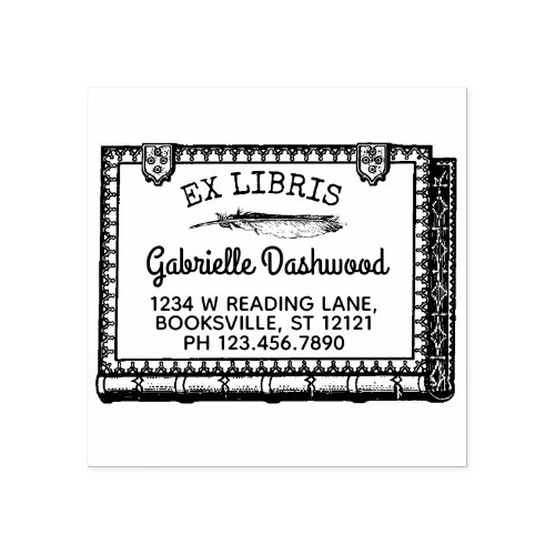 Ex Libris Bookplate Vintage Book and Feather Name Rubber Stamp