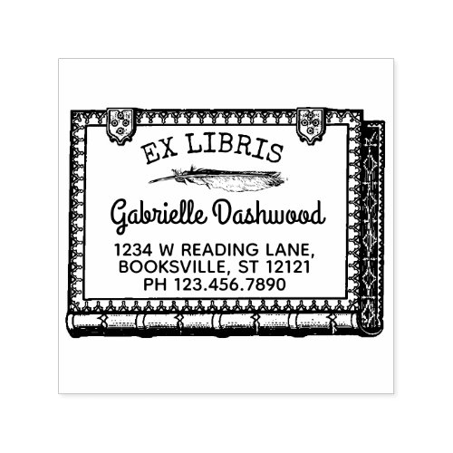 Ex Libris Bookplate Vintage Book and Feather Name Self_inking Stamp