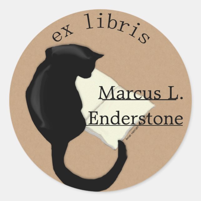 ex libris, cat reading classic round sticker (Front)