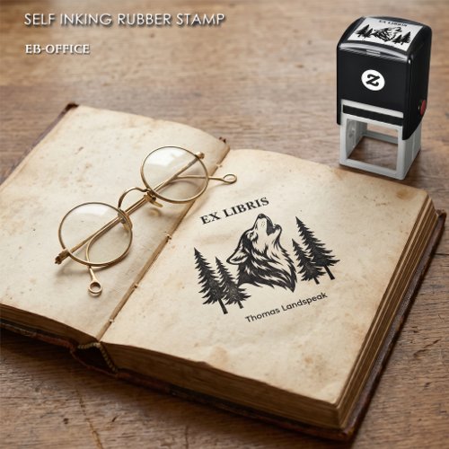 Ex Libris Howling Wolf in Woods Custom Book  Self-inking Stamp