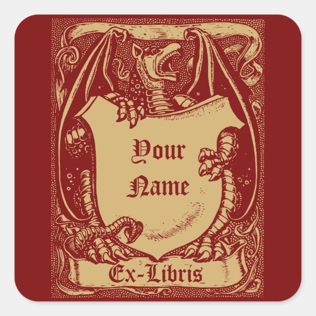 Ex Libris Medieval Dragon With Shield Template Square Sticker (Front)