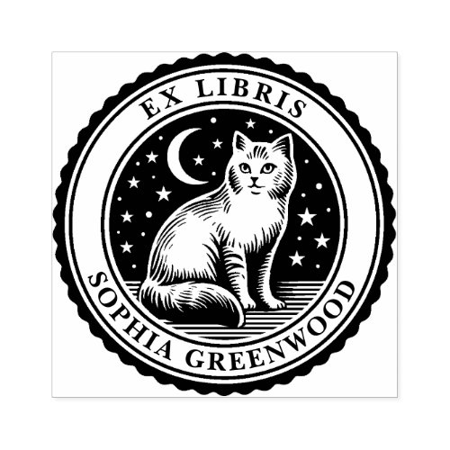 Ex Libris _ Nocturnal Cat Rubber Stamp