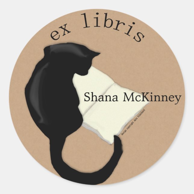 Ex Libris Reading Cat Rounded  Bookplate (Front)