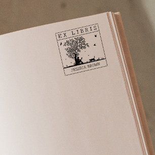 Ex Libris reading with a cat in nature, Book     Rubber Stamp