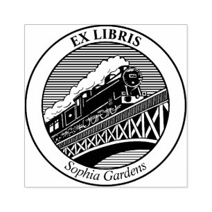 Ex Libris - Steam Train on a Bridge Rubber Stamp