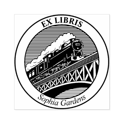 Ex Libris _ Steam Train on a Bridge  Rubber Stamp
