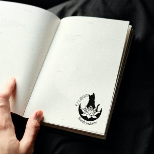 Ex Libris Zen Cat, Lotus Moon Book Rubber Stamp