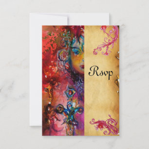 EXCALIBUR , bright red ,blue parchment rsvp Card