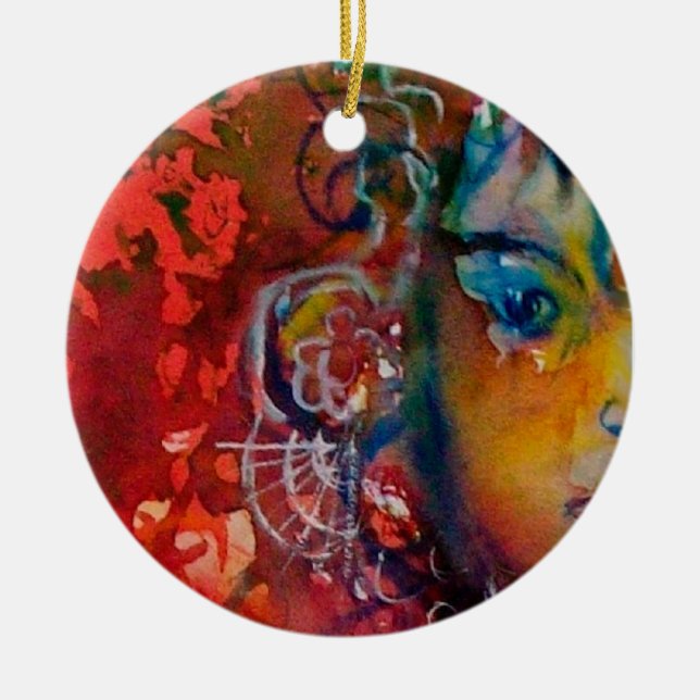 EXCALIBUR,QUEEN OF MAGIC SWORD Fantasy Red Yellow Ceramic Ornament (Front)