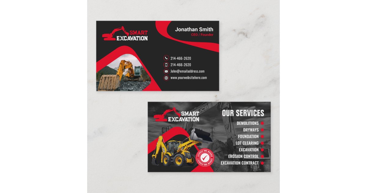 Excavating, Land clearing, Construction,Demolition Business Card | Zazzle