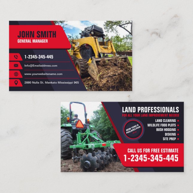 Excavating, mulching, land clearing, Tractor, Bush Business Card (Front/Back)
