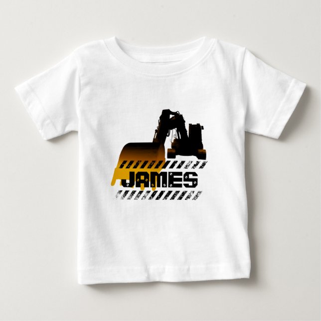 Excavator Add Your Name Construction Boy Baby T-Shirt (Front)
