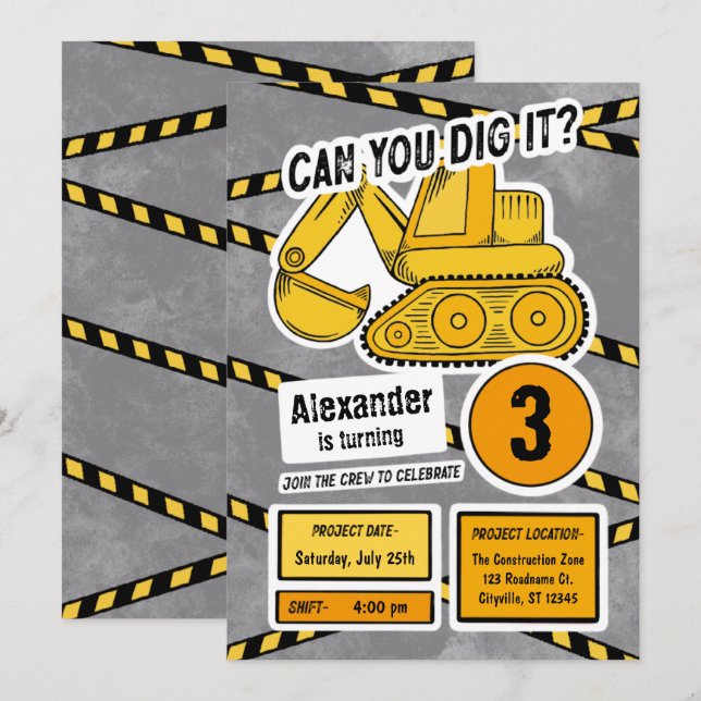 Excavator Birthday Party Invitation for Kids (Front/Back)