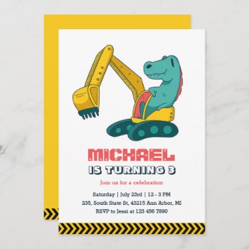 Excavator Builder Construction Dino Kids Birthday Invitation by raindwops at Zazzle