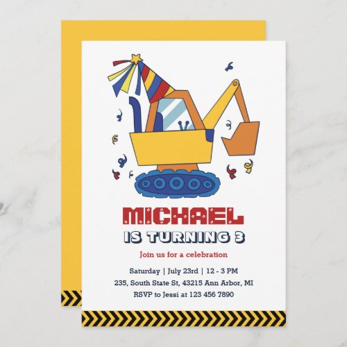 Excavator Builder Construction Kids Boys Birthday Invitation