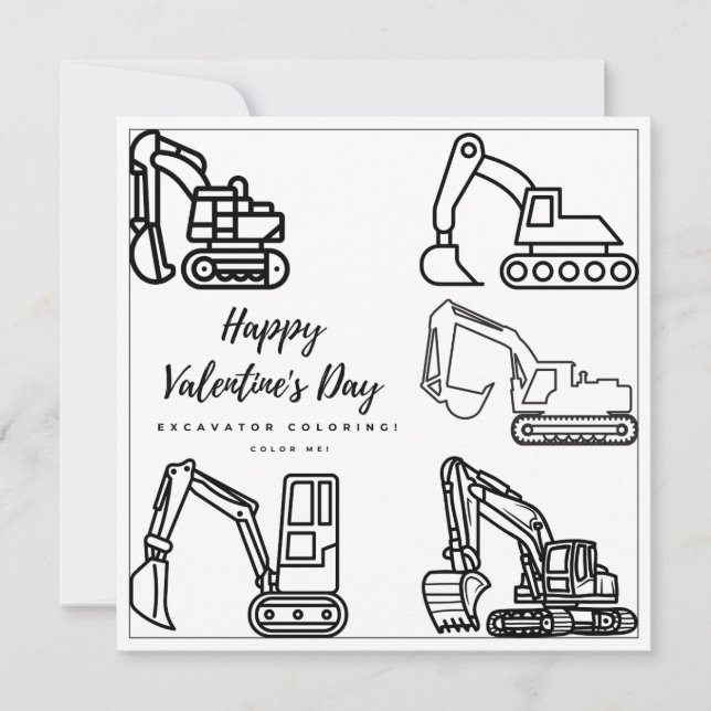 Excavator Coloring Page Boy Card Happy Valentine's (Front)