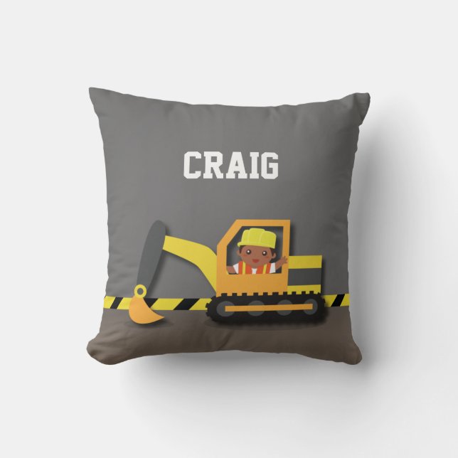 Excavator Construction African American Boy Throw Pillow (Front)