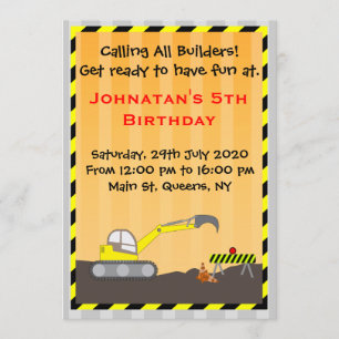 Excavator Construction Birthday Invitation