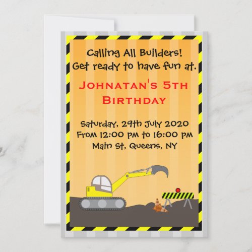 Excavator Construction Birthday Invitation