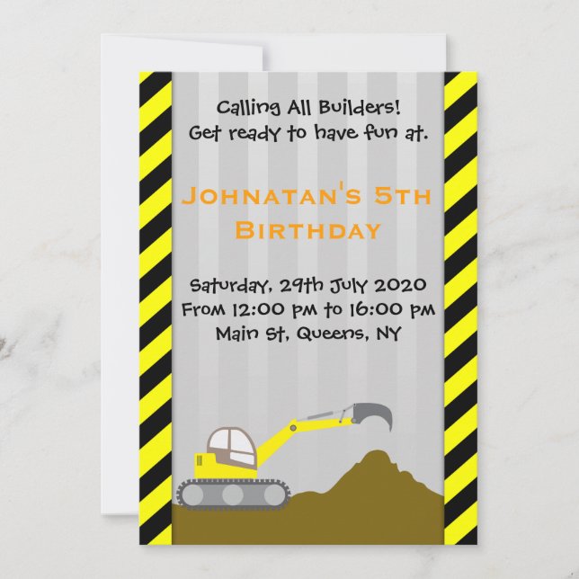 Excavator Construction Birthday Invitation (Front)