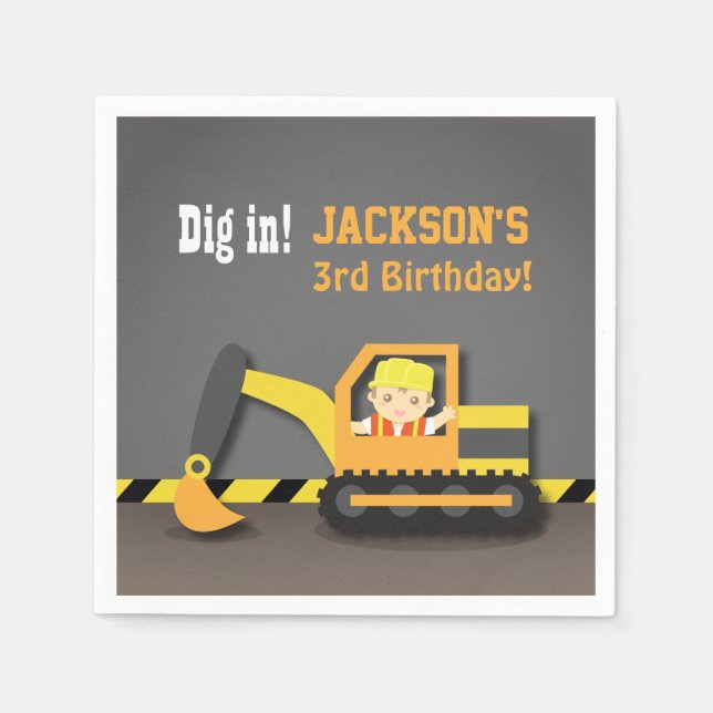 Excavator Construction Birthday Party Supplies Paper Napkins (Front)