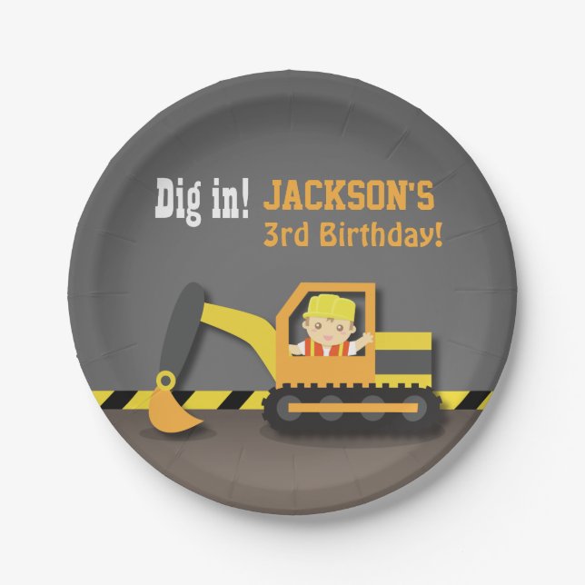 Excavator Construction Birthday Party Supplies Paper Plates (Front)