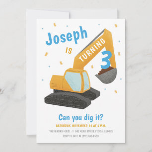 Excavator Construction Blue Kids Birthday Party Invitation