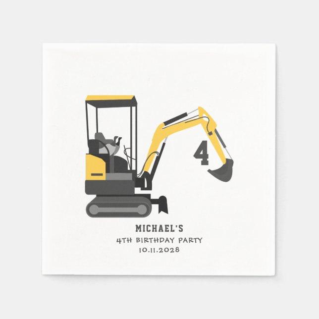 Excavator Construction Builder Any Age Birthday Napkins (Front)