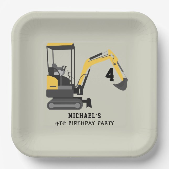 Excavator Construction Builder Any Age Birthday Paper Plates (Front)