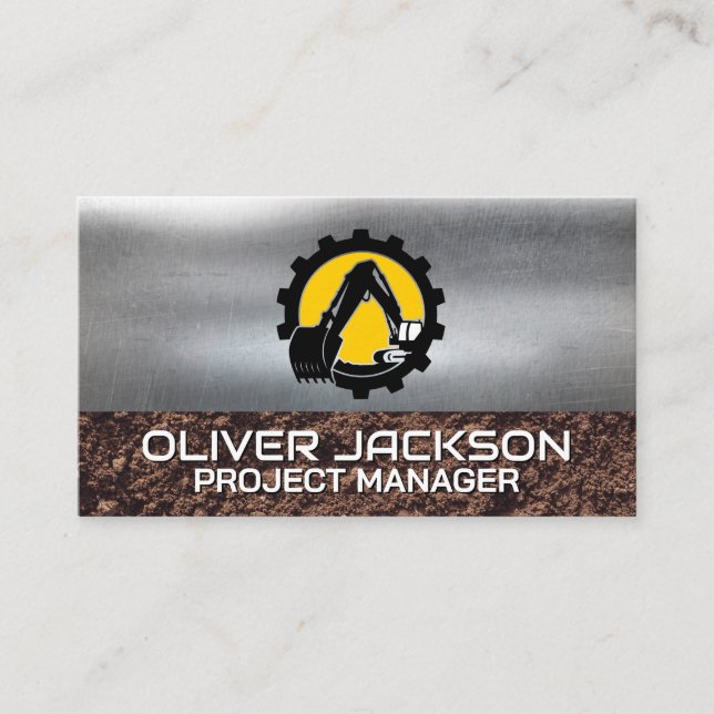 Excavator Construction | Builder Logo | Metallic Business Card (Front)