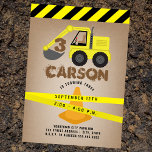Excavator Construction Cone Kids Birthday Invitation<br><div class="desc">Yellow excavator scooping age number with dirt inspired text over an orange construction cone with caution tape.  Yellow and black stripe border and reverse.</div>