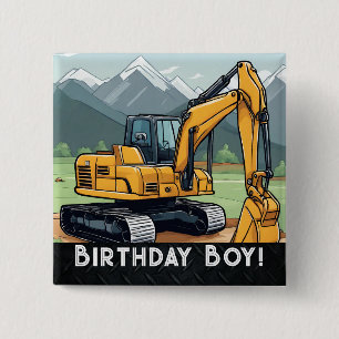 Excavator Construction Equipment Digger Birthday Button