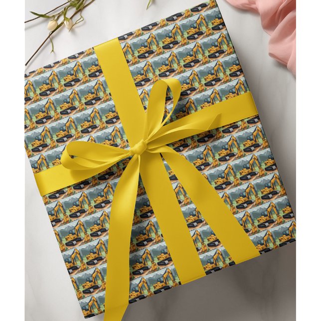 Excavator Construction Equipment Digger Birthday  Wrapping Paper (Excavator Pattern Construction Wrapping Paper)