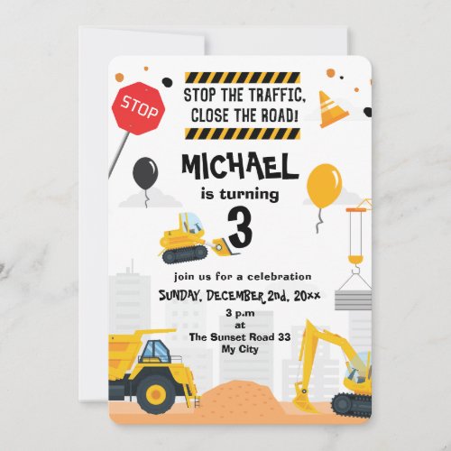 Excavator Construction Kids Birthday Invitation
