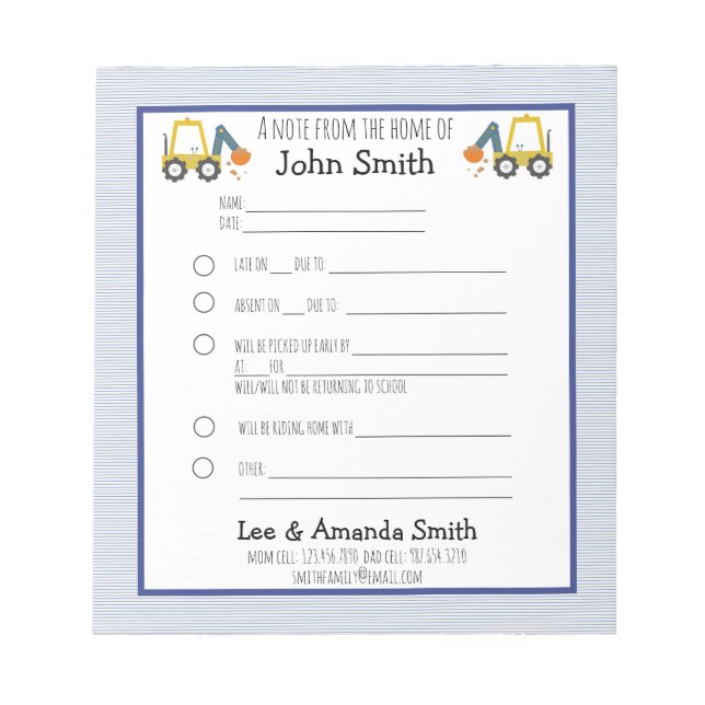 Excavator Construction School Note Excuse 1 Child (Front)